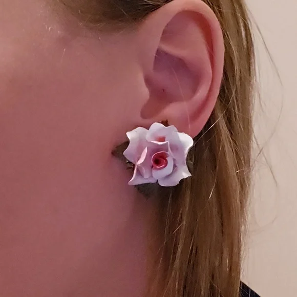 Vintage Rosette Clip Pink and Red Rose Earrings, Garden Party, Hamptons Chic - Picture 1 of 10